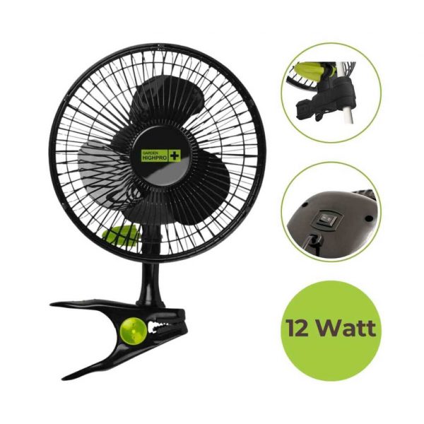 Garden Highpro Clip Ventilator Frontalansicht inklusive kleiner Präsentationsbilder vom Stangenclip und Powerschalter auf der Rückseite.