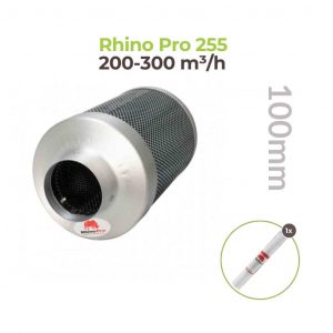 Der Rhino Pro 255 schräge Frontalansicht auf den liegenden Aktivkohlefilter. Präsentationsbild mit kleinem Bild des Vorfilter Vlies und grundlegenden technischen Daten.