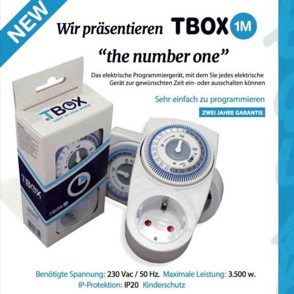 Mechanische Zeitschaltuhr von Tempobox (TBOX) Präsentationsbild. Zeitschaltuhr ausgepackt und eingepackt.