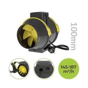 Garden Highpro PROFAN TT 100 Frontansicht mit kleinen Bildern des Powerknopfs und der Befestigungsschnallen.