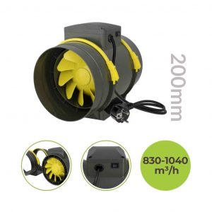 Garden Highpro PROFAN TT 200 Frontansicht mit kleinen Bildern des Powerknopfs und der Befestigungsschnallen.